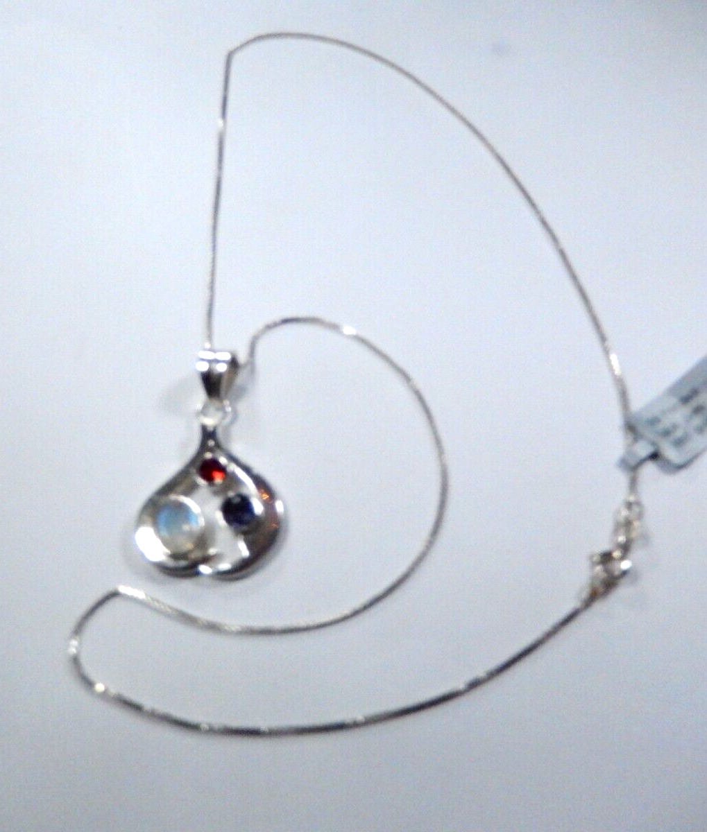 *VINTAGE*  Heavy Sterling Silver Multi Gemstone Pendant w/ 18" Ster. Box Chain