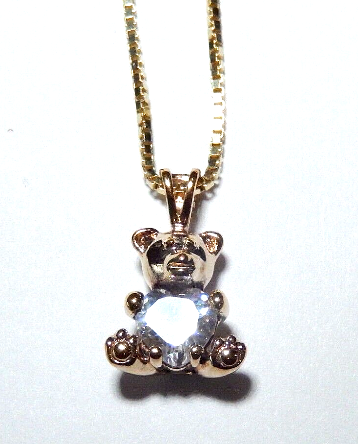 NWT  Gold Vermeil Sterling Silver Heart CZ Teddy Bear Pendant w18 Chain