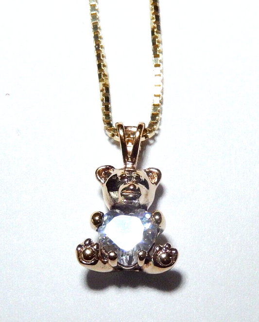 NWT  Gold Vermeil Sterling Silver Heart CZ Teddy Bear Pendant w18 Chain