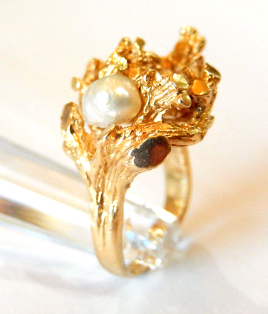 VINTAGE 14K Yellow Gold Nugget Free Form Freshwater Pearl Ring Size 4