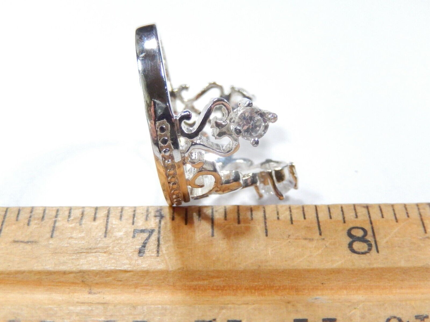 LARGE 925 Sterling Silver Three C Z Heart Crown Design Wide Ring Size 8.25