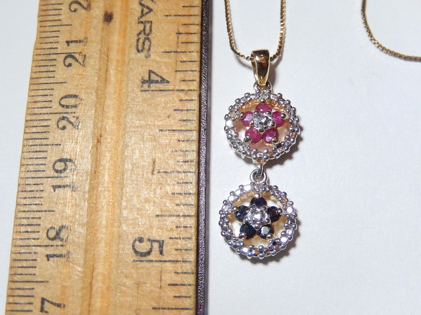 VINTAGE Gold Vermeil Ruby  Sapphire  Diamond Halo Pendant w18 chain