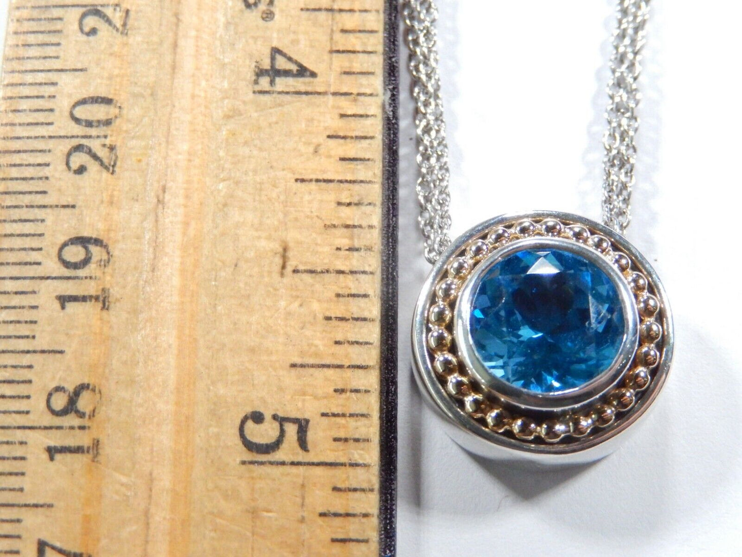 10mm RD Blue Topaz 14K Yellow Gold 925 Sterling Silver Pendant 3 Strand Necklace