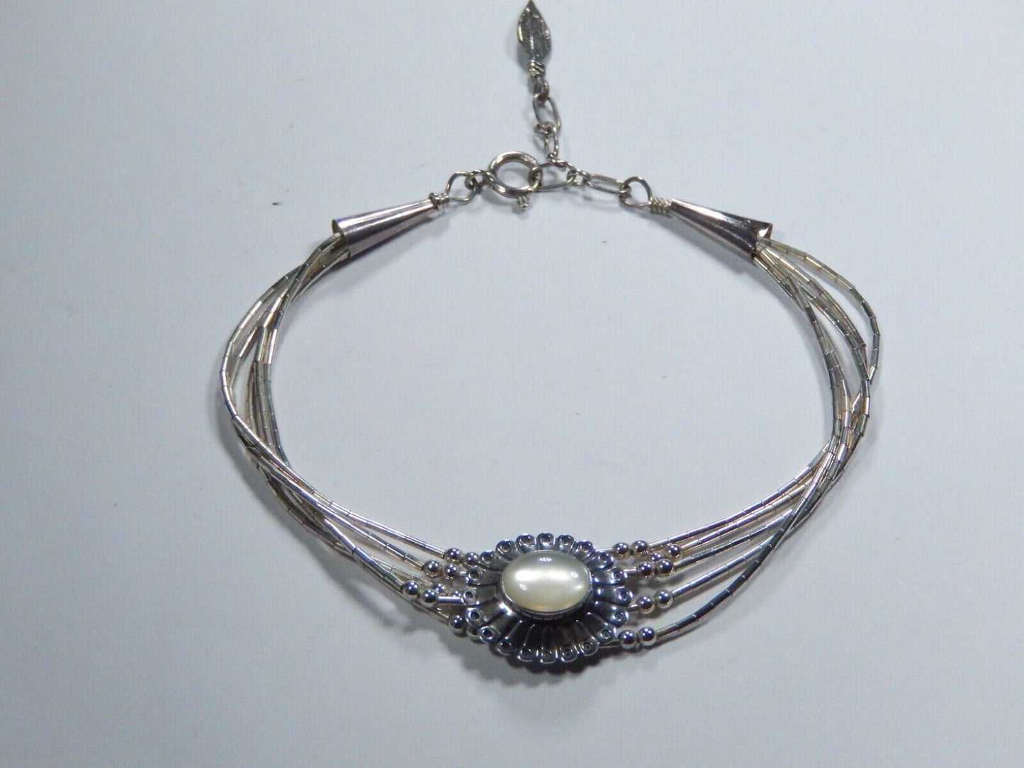 VTG Native American Liquid Sterling Silver Moonstone Bead 65Strand Bracelet 7-8"