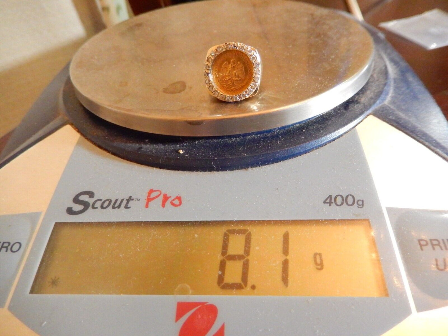 Stamped 14K Gold  Diamond Ring w 90 1945 Dos Pesos Mexican Gold Coin Size 4