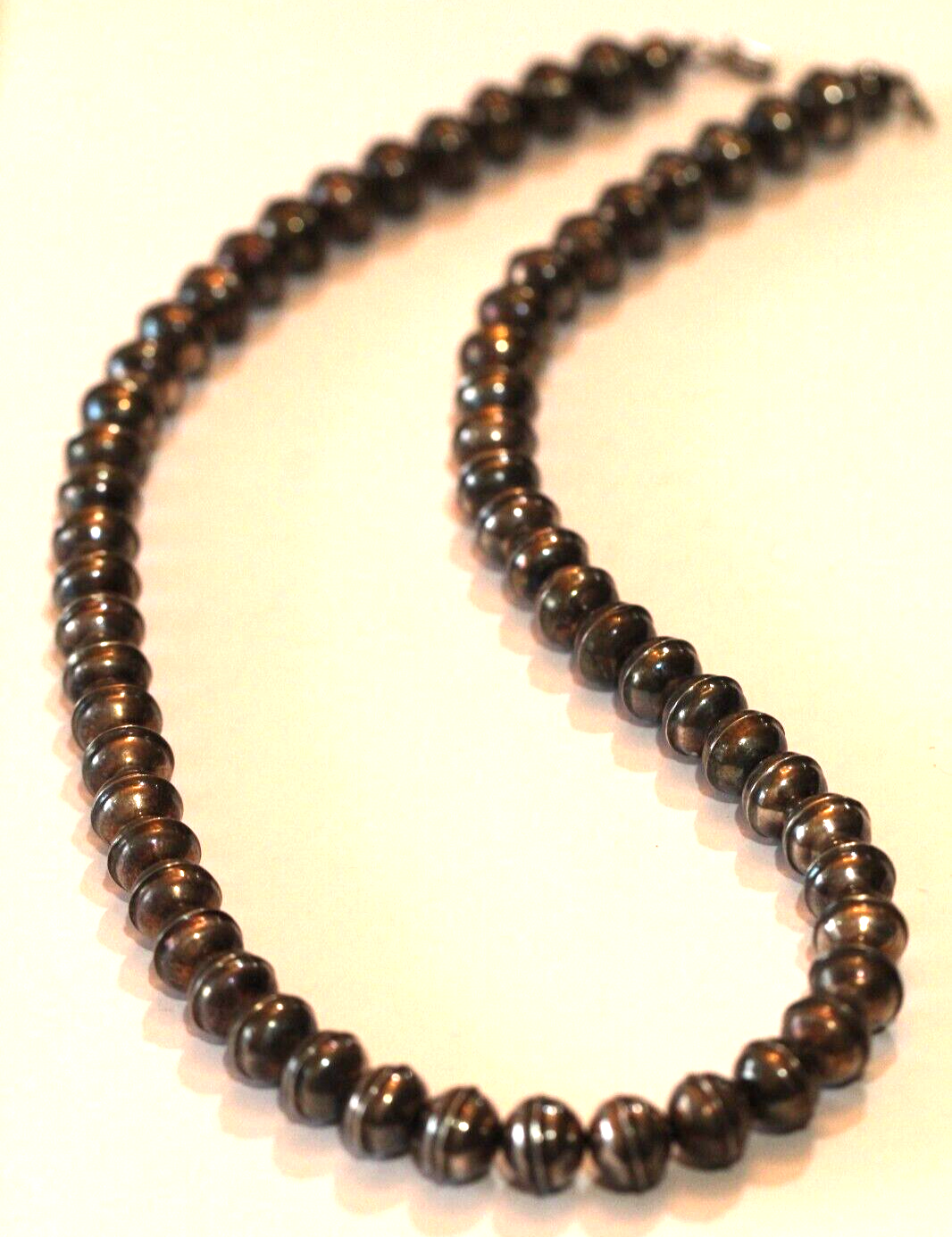 22"- 11mm NAVAJO Pearl BENCH BEAD NECKLACE Darker Vintage Old Oxidized STERLING