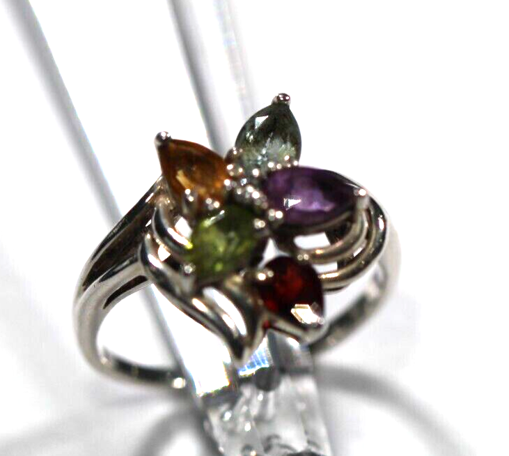*VINTAGE* 1.65 CT Multi Gemstone Ring 925 Sterling Silver Ring Size 8