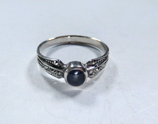 Vintage Art Deco Sterling Silver Black Onyx And Marcasite Ring, Size 9