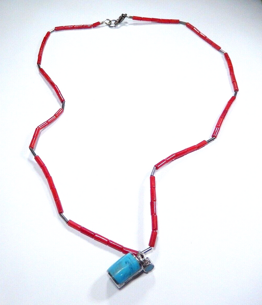 *VINTAGE* Red Coral Tube Shape Beads And Sterling Turquoise Pendant 18" Necklace