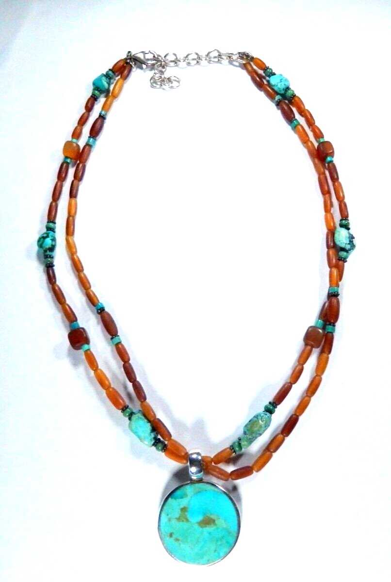 *VINTAGE* Sterling Silver 925 Turquoise Pendant On Beaded Necklace 16" - 18"
