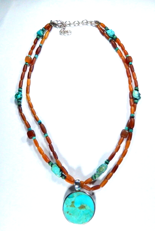 *VINTAGE* Sterling Silver 925 Turquoise Pendant On Beaded Necklace 16" - 18"