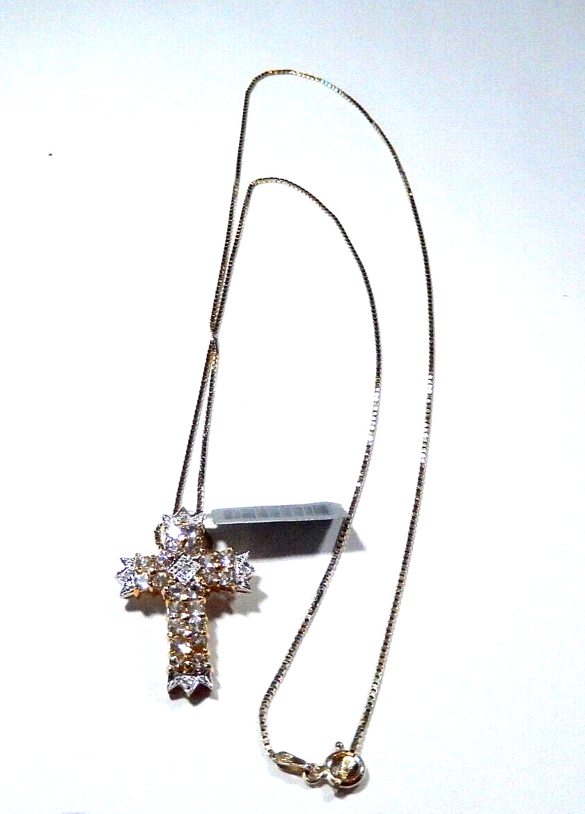 Gold 925 Vermeil Diamond  Aquamarine Cross Pendant w 24 Vermeil Box Chain