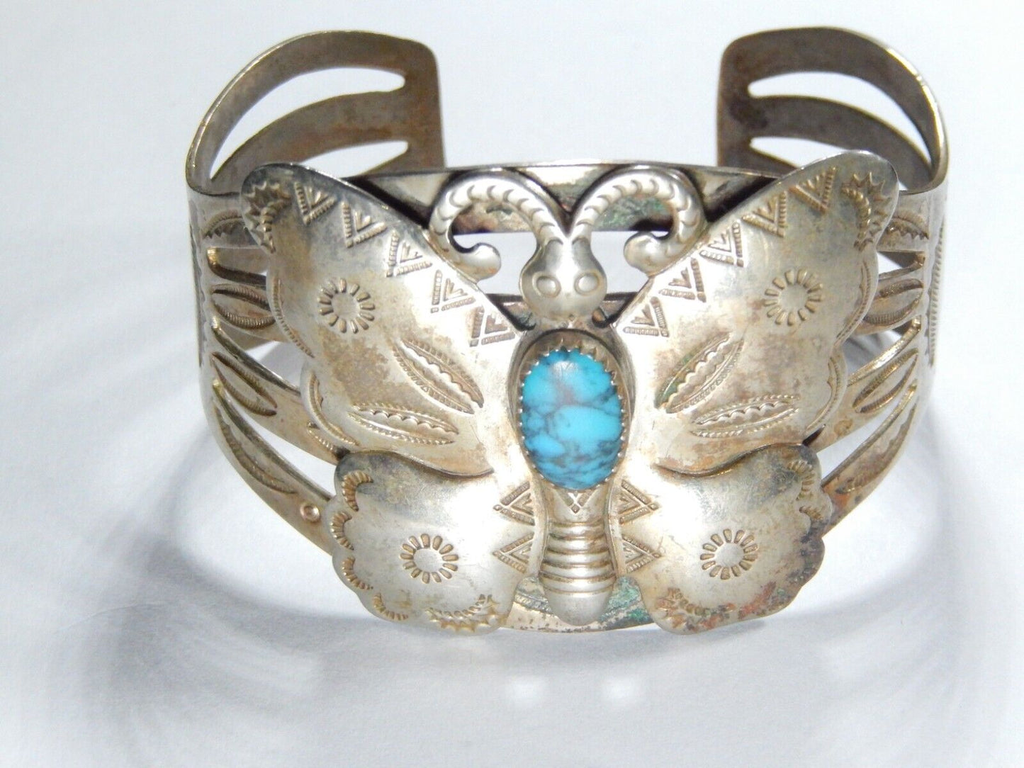 VINTAGE Bell Trading Post Nickel Silver Turquoise Butterfly 6 3/4" Cuff Bracelet