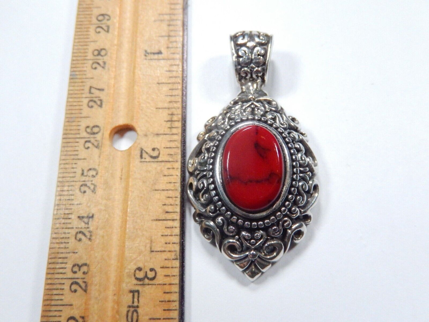 VINTAGE MEXICO - Large Red Jasper Sterling Silver Filigree Pendant w/Large Bail