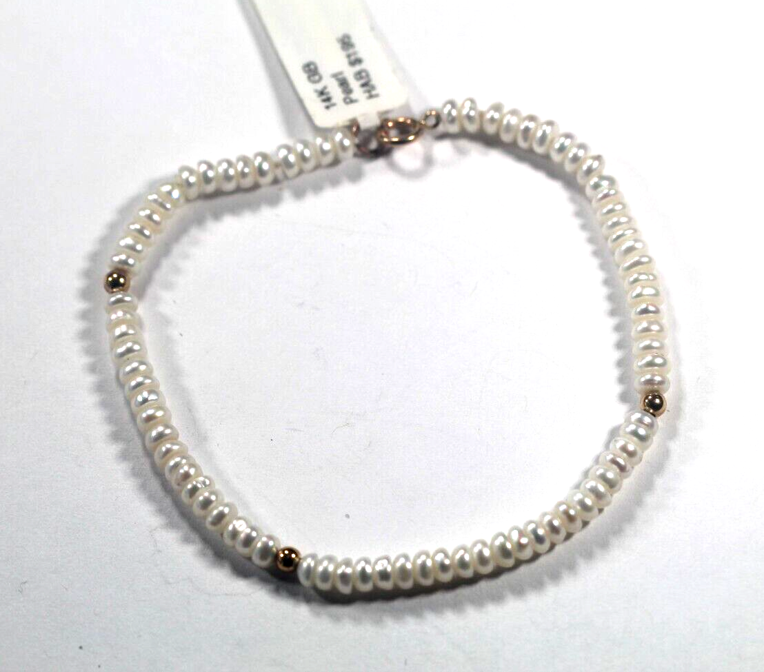 *NWT* 14k Yellow Gold 4mm WHITE PEARL & GOLD BEADED BRACELET 7 "