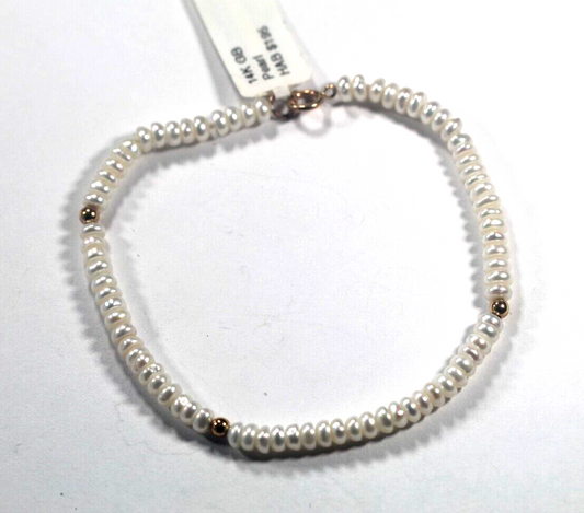 *NWT* 14k Yellow Gold 4mm WHITE PEARL & GOLD BEADED BRACELET 7 "