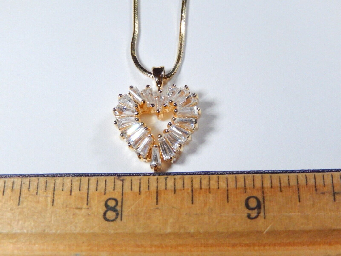 925 Gold Vermeil 200 CT Tapered CZ Baguette Heart Pendant Necklace w18 Chain