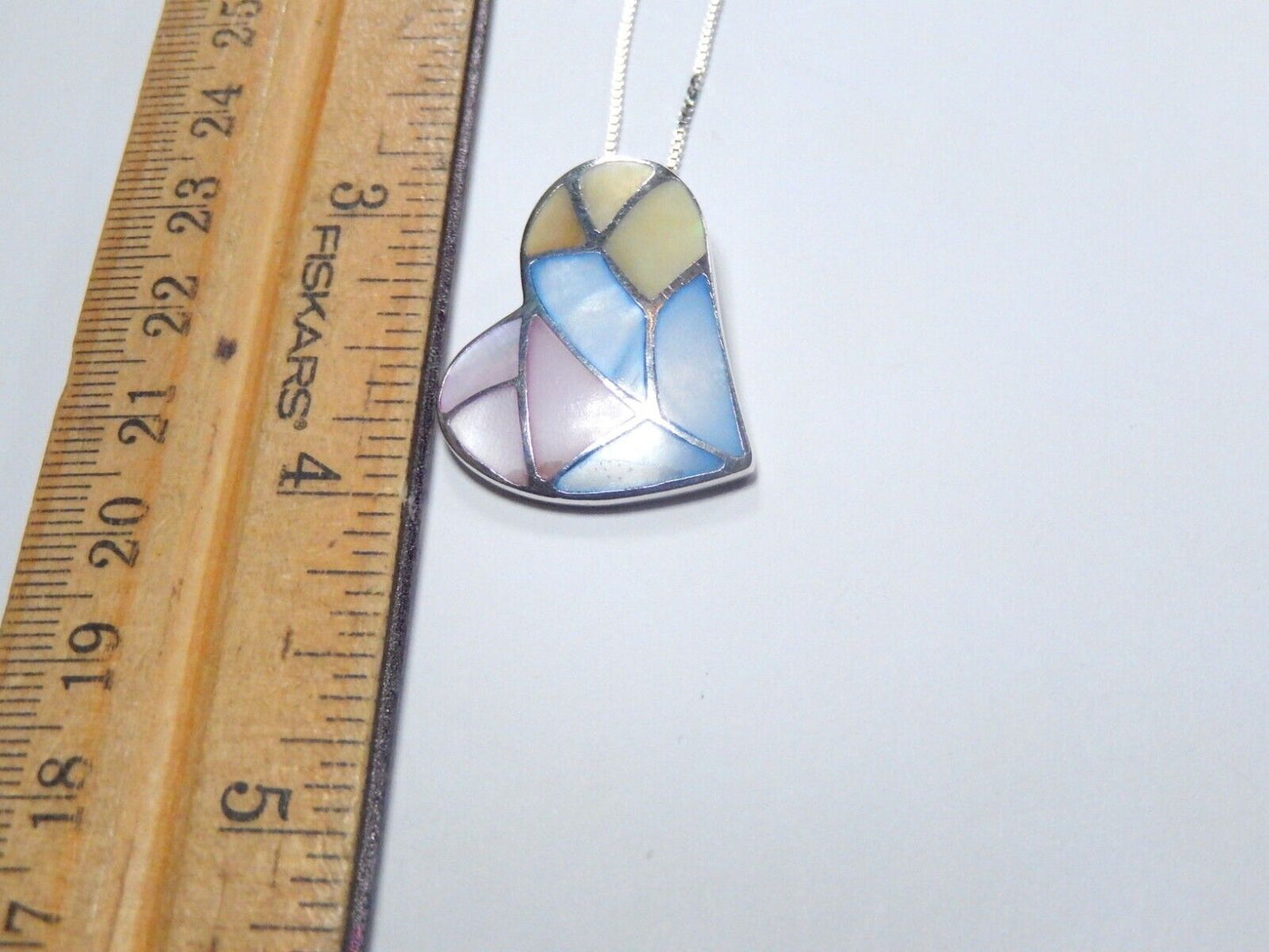 Multi Inlay Pink/Blue Mother Of Pearl Sterling Silver Heart Pendant w/18" Chain