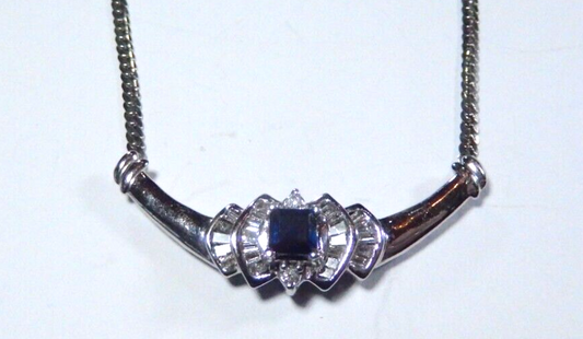 VINTAGE  14K White Gold Blue Sapphire and Diamond Halo Necklace 175