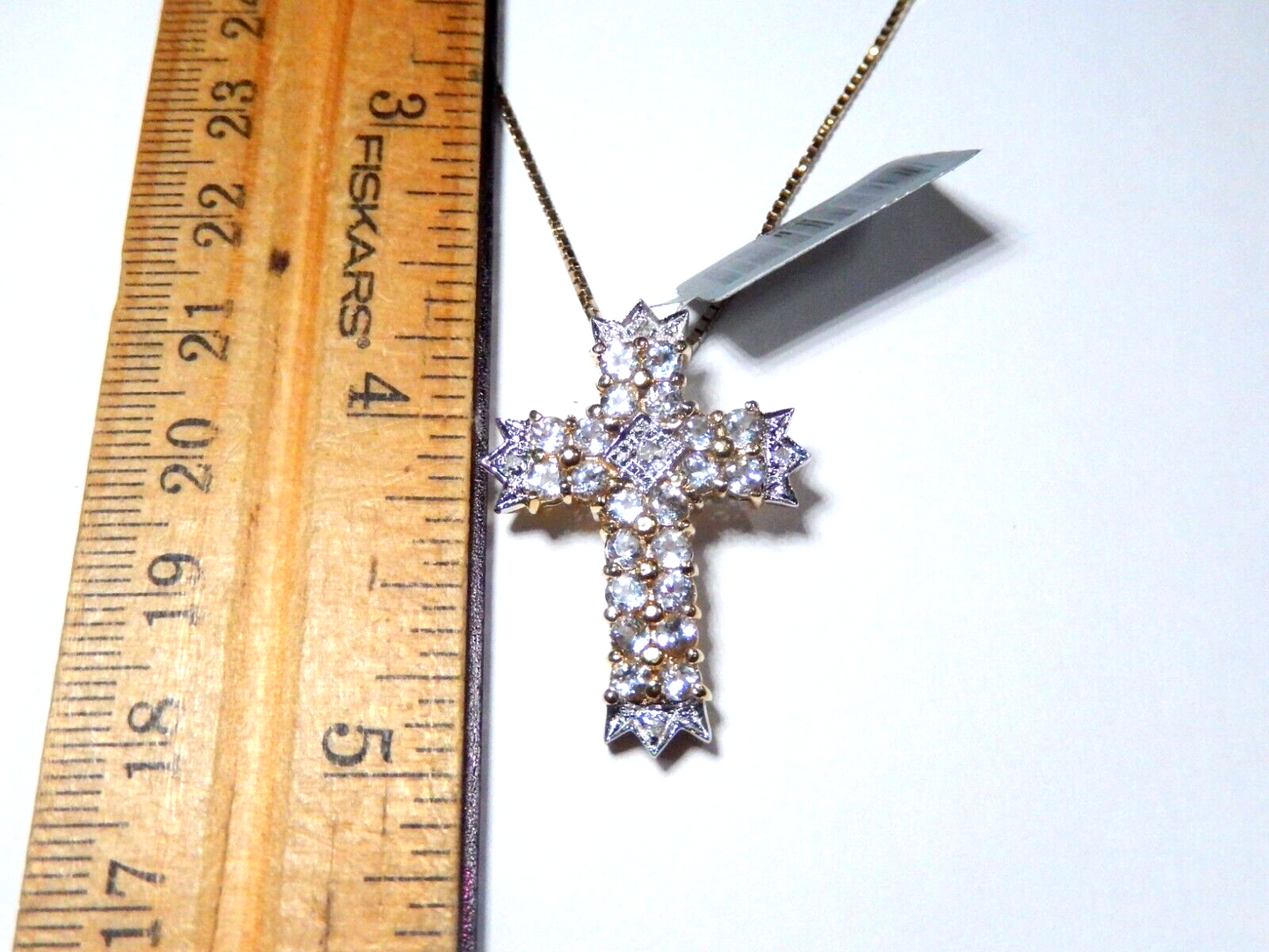 Gold 925 Vermeil Diamond  Aquamarine Cross Pendant w 24 Vermeil Box Chain