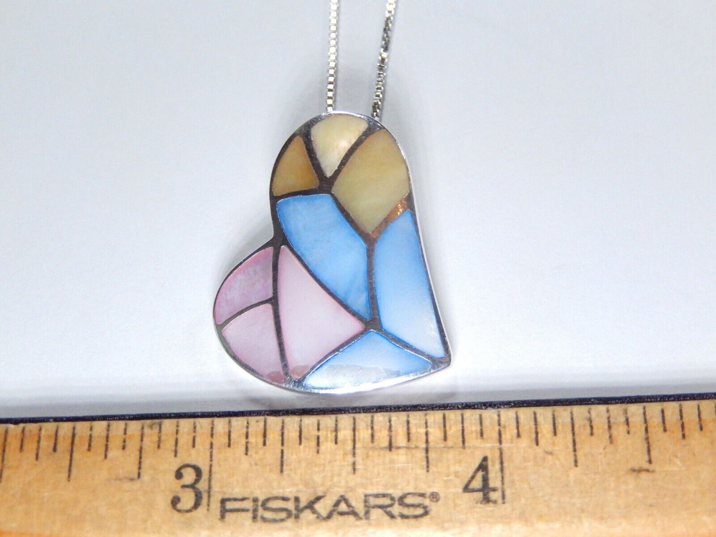 Multi Inlay Pink/Blue Mother Of Pearl Sterling Silver Heart Pendant w/18" Chain