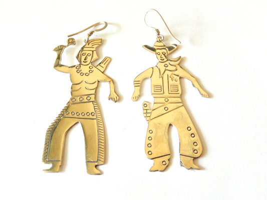 *VINTAGE*  Southwest Sterling 925 Native American & Cowboy Earrings 3" Tall