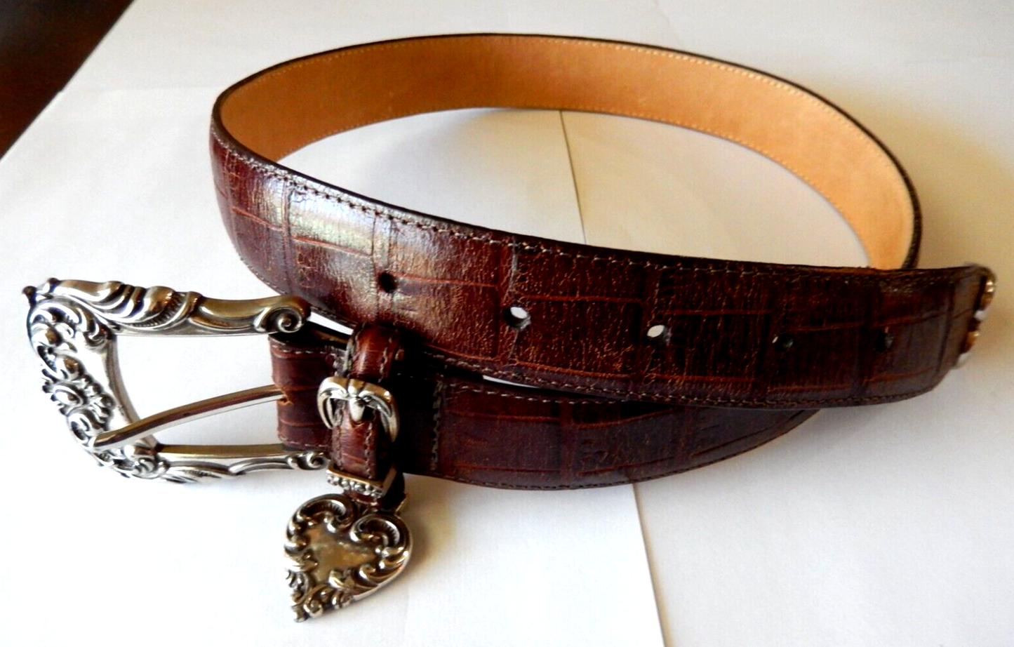 Brighton Womens Belt 4B207 S28 Brown Faux Alligator Silver Buckle EUC