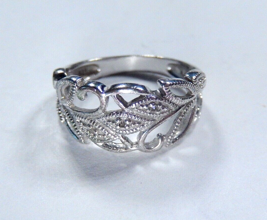 *VINTAGE*  Wedding Engagement Ring Diamond Leaf Motif Sterling Silver Band Sz 7