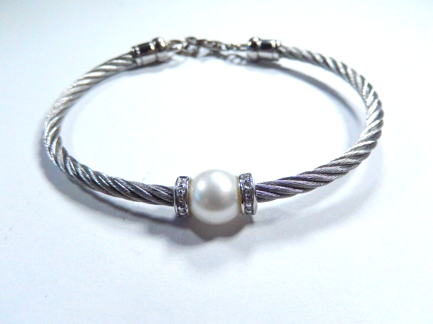 Women's Sterling Silver / Stainless Steel Diamond & Pearl Twist Bead Bracelet 7"