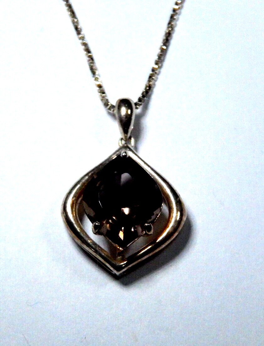 VINTAGE 925 Sterling Silver Real FancyCut Smoky Quartz Pendant w18 chain