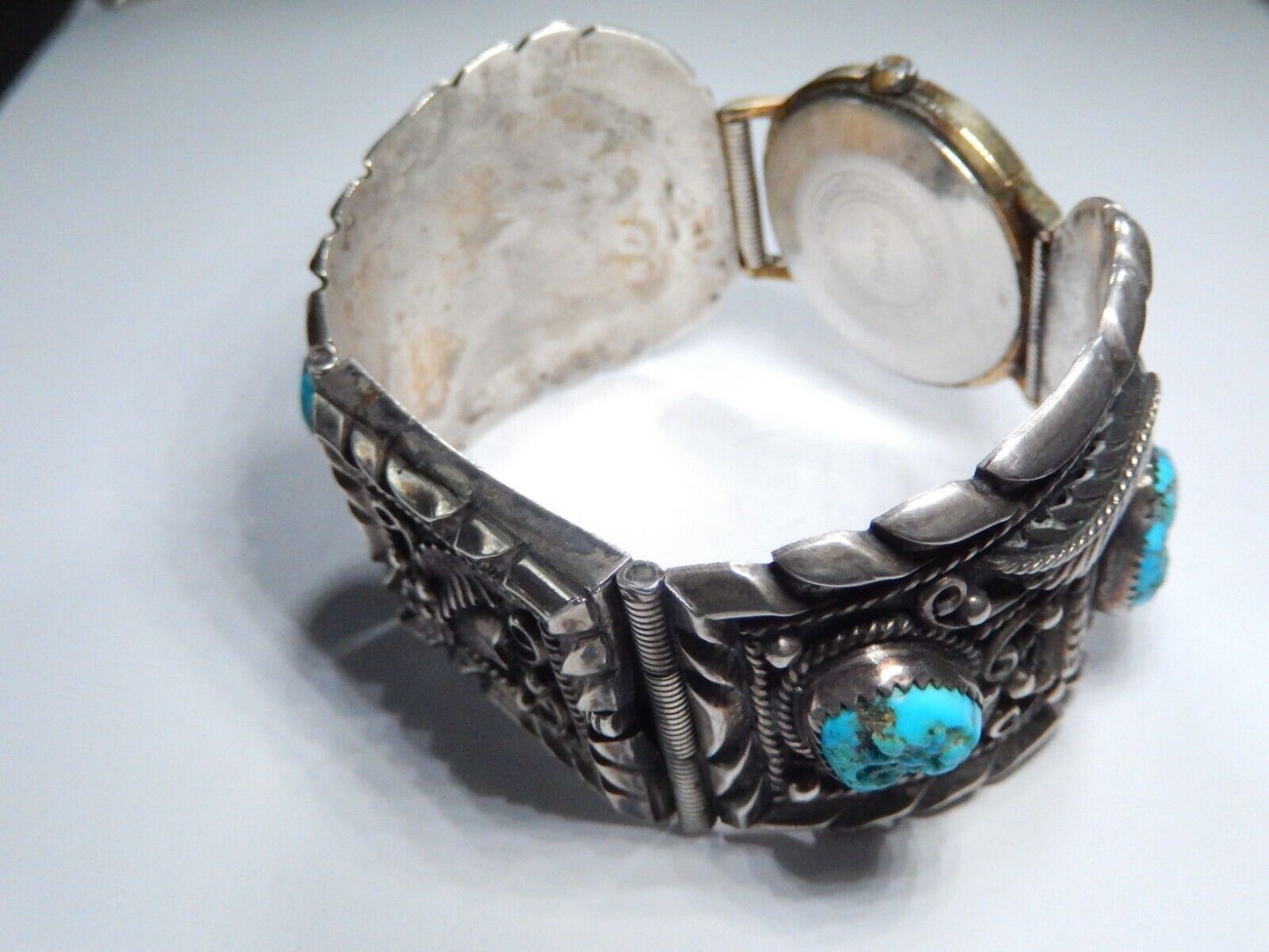 *VINTAGE* Navajo B. Nez Sterling Silver Turquoise Watch Bracelet  116.4 grams