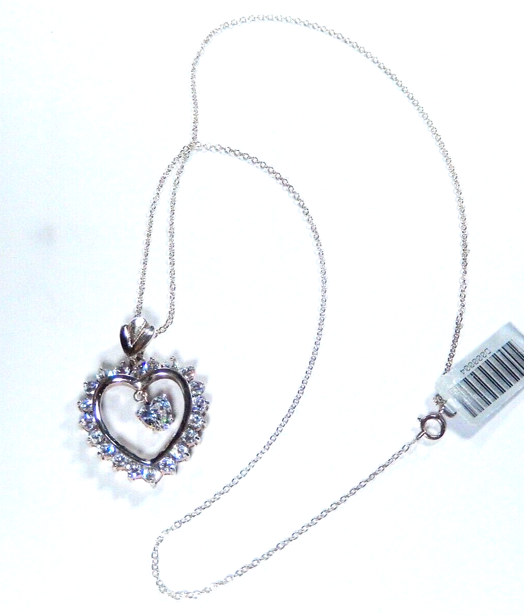 VINTAGE* Sterling Silver 3CT CZ Heart w/ CZ Solitaire Dangle Pendant w/18" Chain