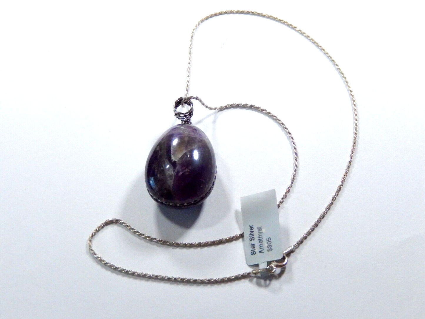 Handmade Large Amethyst Gemstone Sterling Wire Wrapped Pendant w/16" Rope Chain