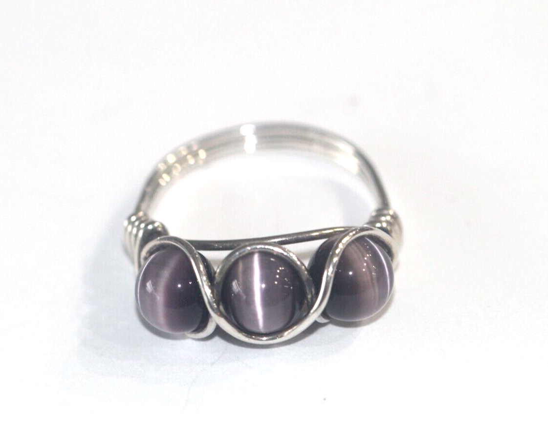 Large Sterling Silver Purple Cats Eye Bead Wire Wrapped Ring Size 11