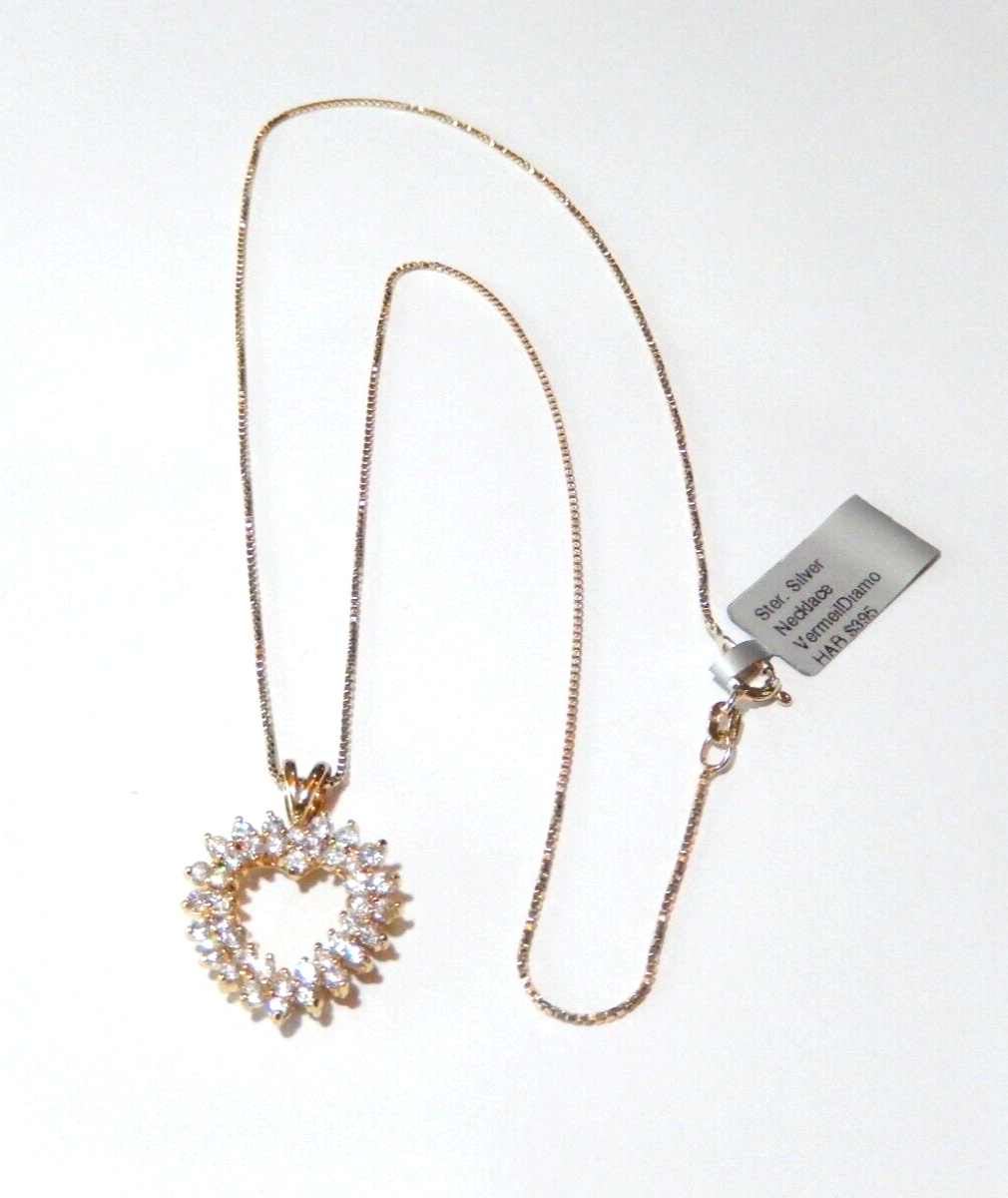 NWT 125CT Gold Vermeil Open Heart Cubic Zirconia Pendant w 18 Vermeil Chain
