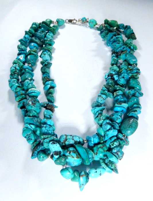 *VINTAGE*  Three Strand Turquoise Nuggets Sterling Silver Necklace 16” - 18”