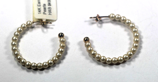 14K Yellow Gold Beaded Hoop Earrings White 3mm Pearl Fresh Water 1" Across