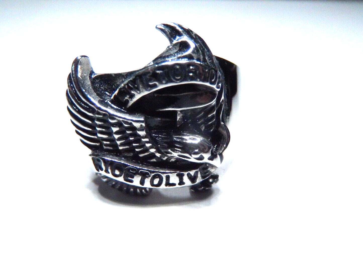 Stainless Steel Biker Eagle 'Live to Ride - Ride to Live' Ring 14.5