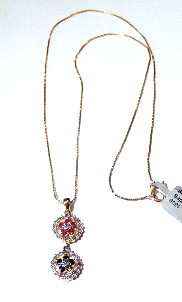 VINTAGE Gold Vermeil Ruby  Sapphire  Diamond Halo Pendant w18 chain
