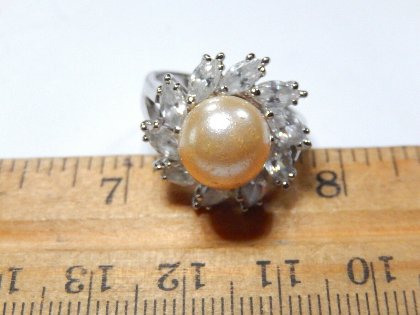 Sterling Silver 925 Faux Pearl and Cubic Zirconia Statement Ring  Size 7