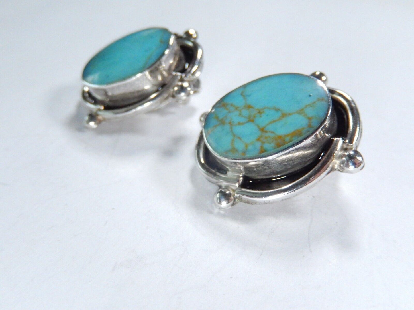 *VINTAGE* TAXCO Sterling Silver Turquoise Clip On Earrings 1" x 3/4" - 16.9 gms