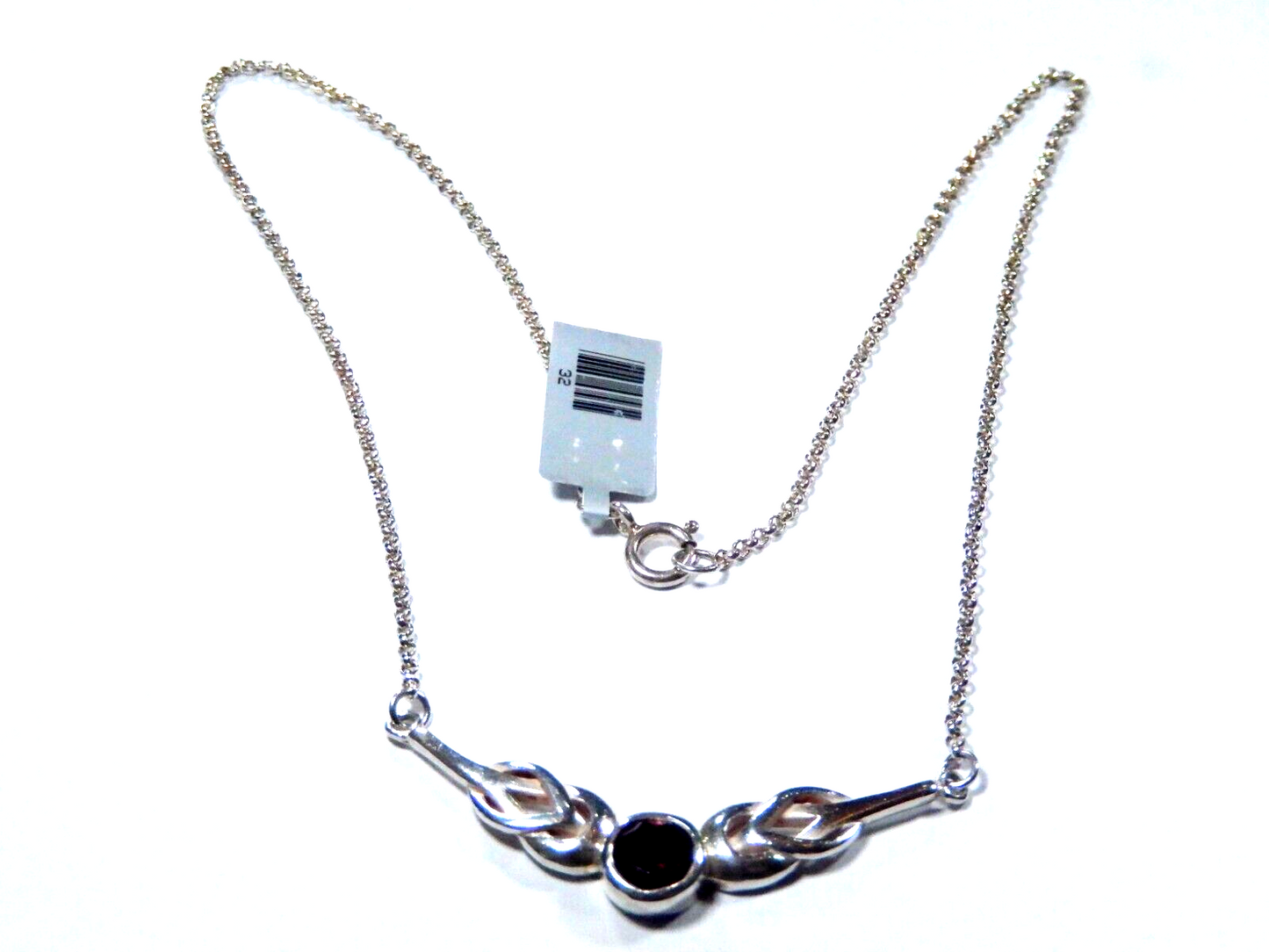 *VINTAGE* Heavy Thick Sterling Silver Garnet "V" Shape Pendant 18" Necklace