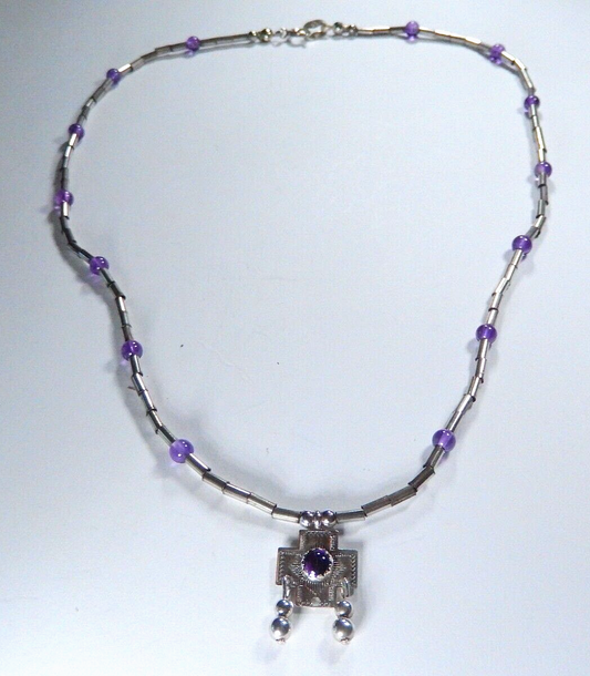 "VINTAGE" Q.T.  Carolyn Pollack Sterling Silver & Beaded Amethyst 18" Necklace