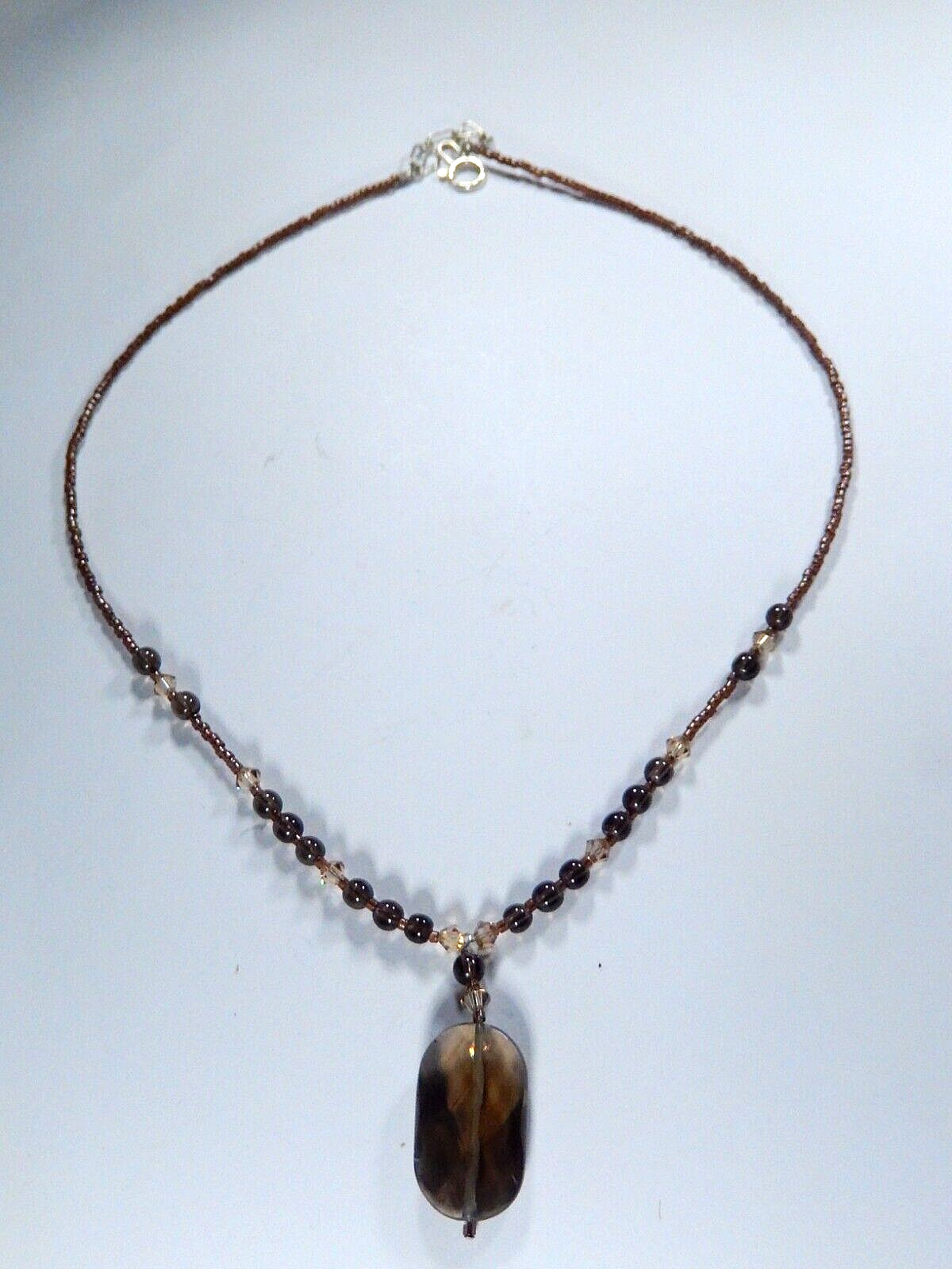 Sterling Silver Clasp Smoky Quartz Pendant with Beads Necklace 15" -17" Length