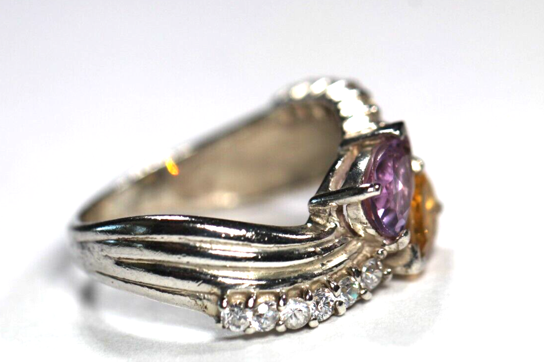 *VINTAGE* Sterling Silver Citrine and Amethyst Bypass Ring 925 Size 6.5