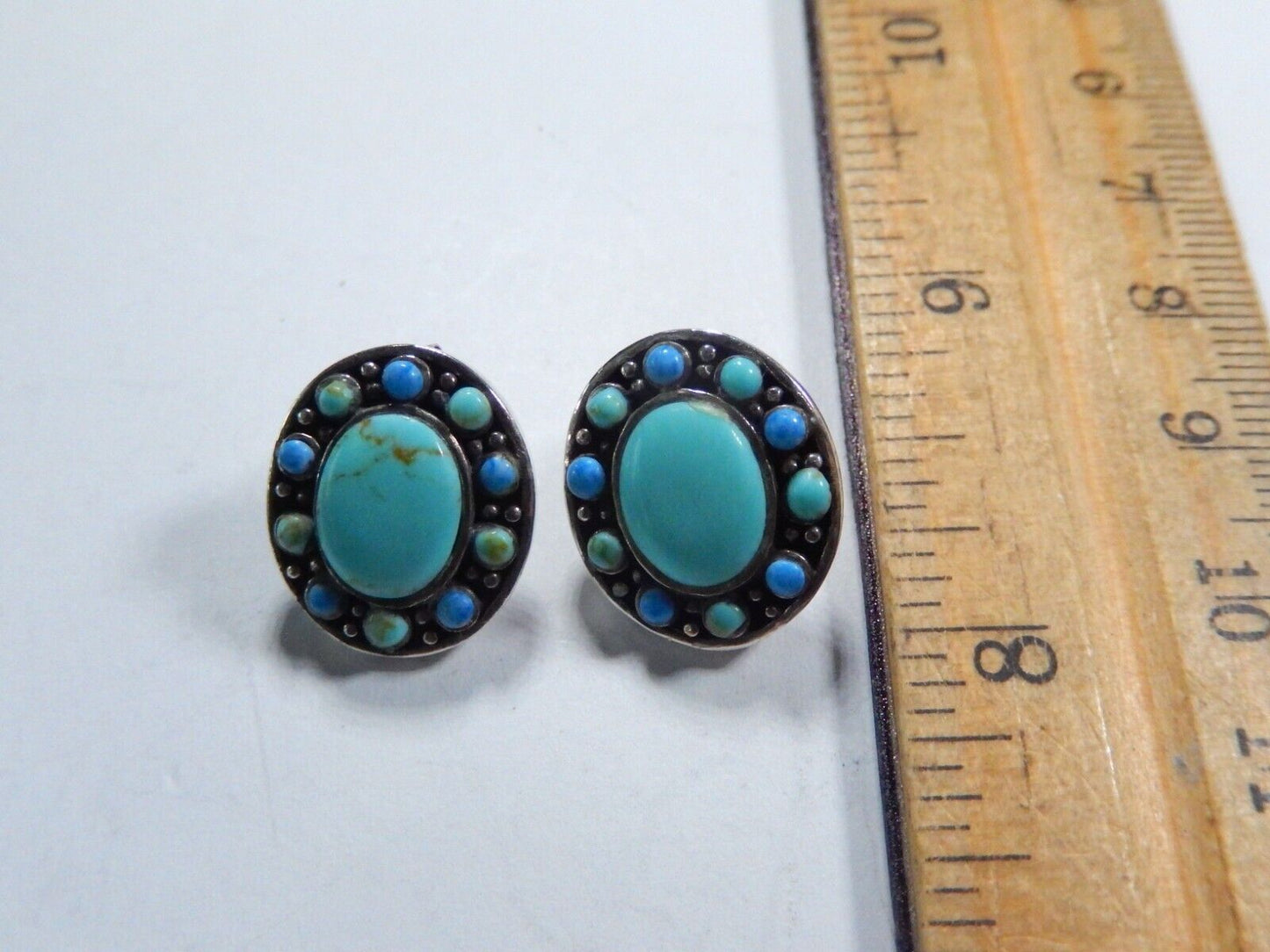 *VINTAGE* Southwest Sterling Silver Turquoise & Lapis Post Earrings 3/4" x 5/8"