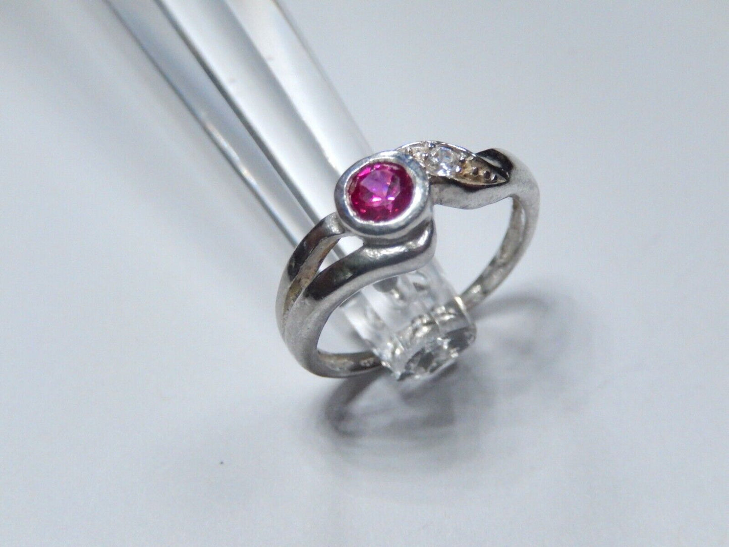 *VINTAGE* STERLING SILVER LAB CREATED RUBY AND CLEAR CZ RING SIZE 6.5