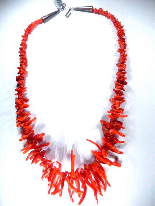 Vintage Navajo Artisan 21" Red Branch Coral & Silver Tube Necklace