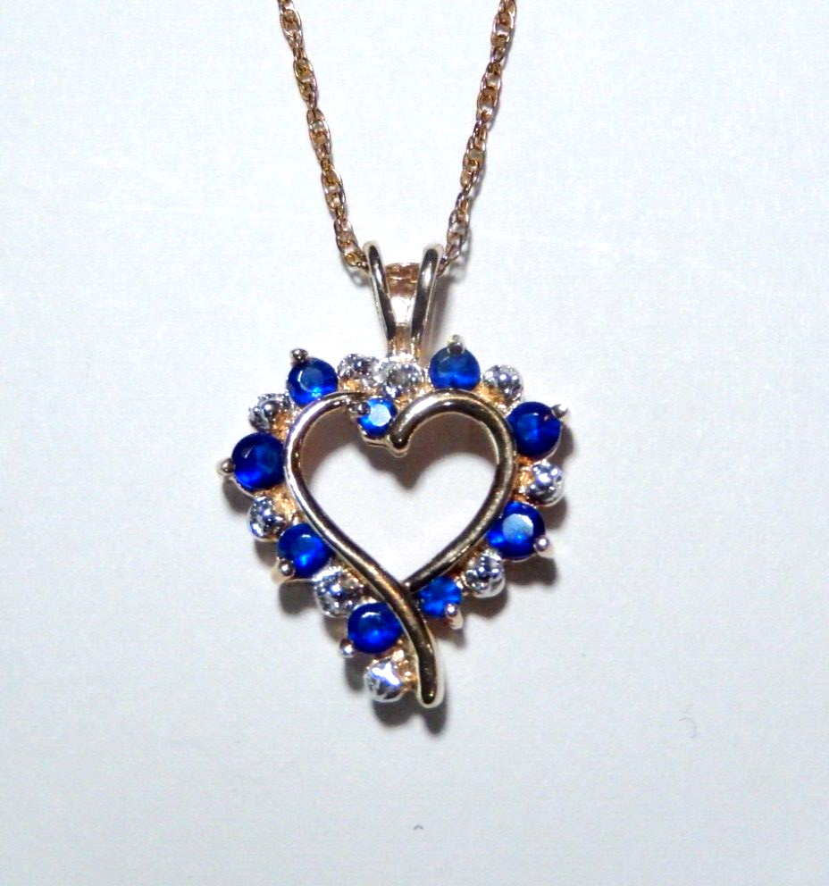 NEW Gold Vermeil 925 Sapphires Diamond Heart Pendant w18 Vermeil Chain
