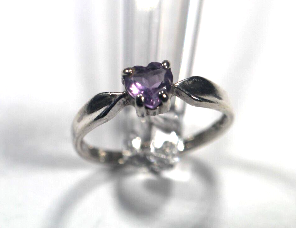 Vintage Sterling Silver Heart Amethyst Gem Ring 925 Size 6.5